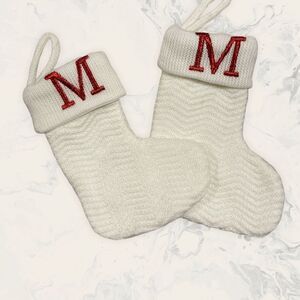 NWOT 2 Christmas Knit Mini Stocking Monogram Letter "M"  - Size 7"- White/Red